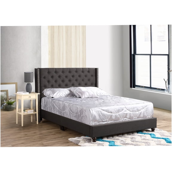 Modern Upholstered Queen Platform Bed Frame with Foam Padded Headboard, Black Fabric Low Profile Bed Base