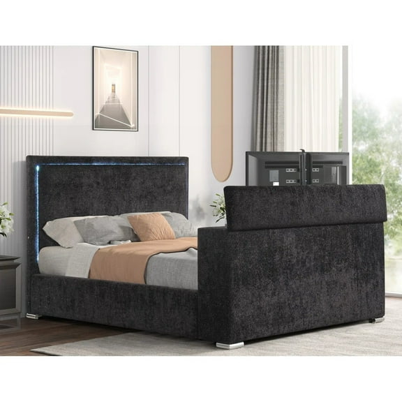 Modern Upholstered Queen Platform Bed with LED Lighting & Tv Cabinet with Fireplace Display