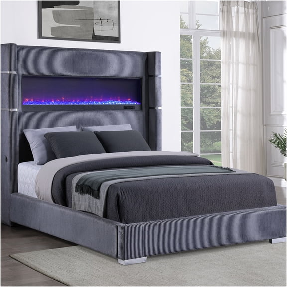 Modern Upholstered Queen Size Bed Frame with RGB LED Flame Effects and Remote Control