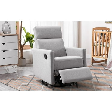 Modern Upholstered Rocker with Lumbar Support, Nursery Chair with Padded Seat and Back Plush Seating, Glider Swivel Recliner Chair for Bedroom, Living Room, Gray