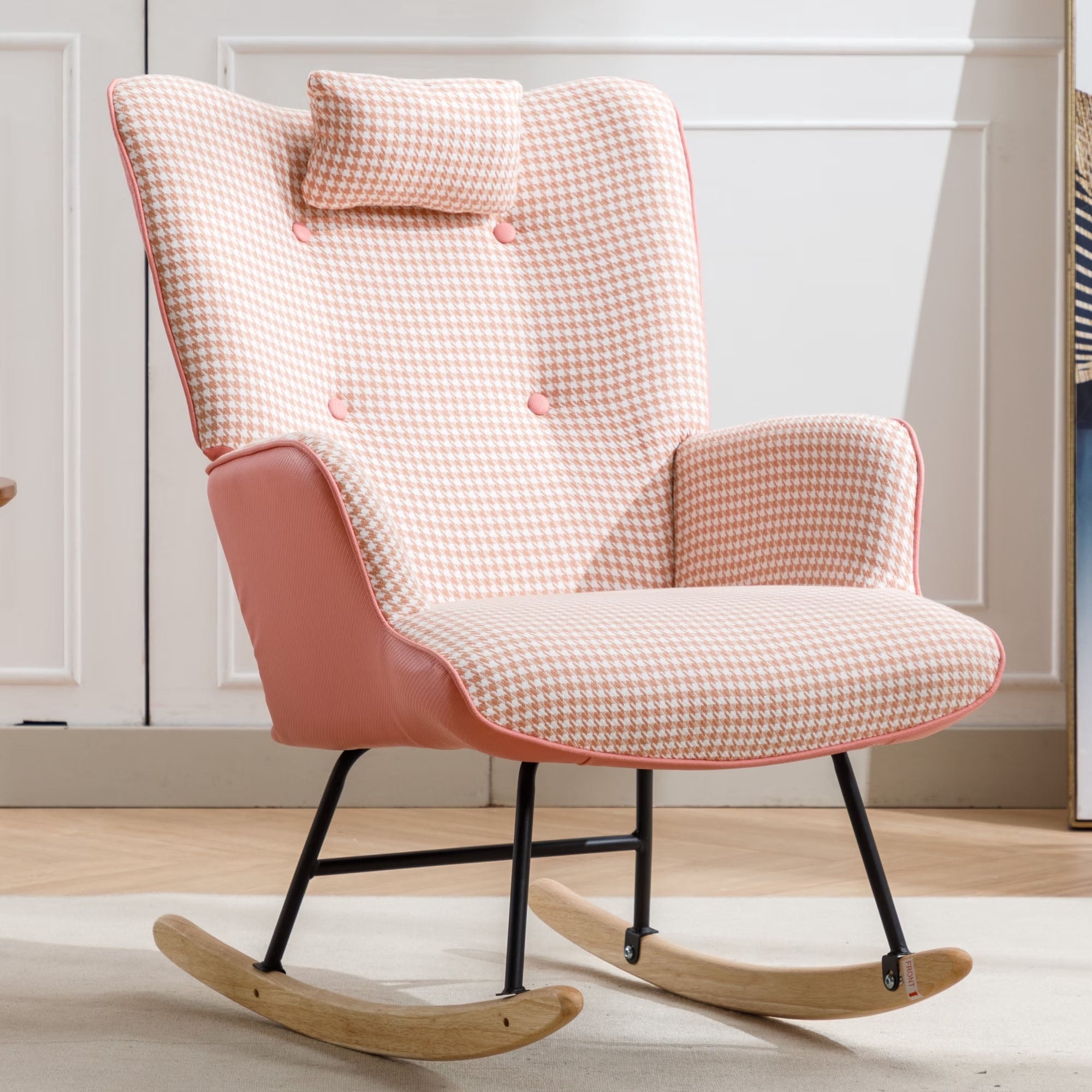 Modern Comfortable Rocking Chair with Houndstooth Fabric – Ergonomic Upholstered Seat, Wood Base & Headrest for Living Room, Bedroom, Nursery