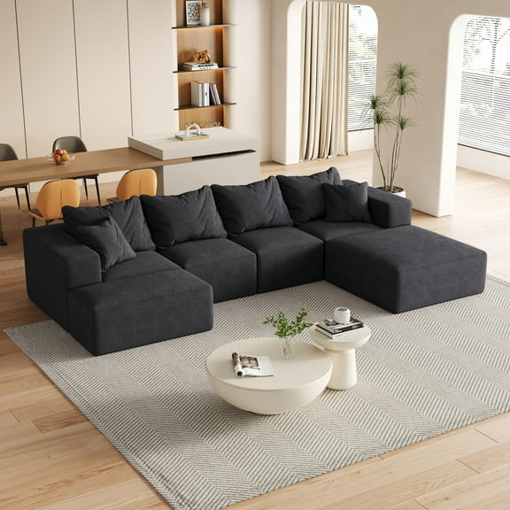 Modern Upholstered Sectional Boneless Couch Set,Modular 132" L Shaped Sectional Living Room Sofa Set with 6 Pillows,Free Combination Sofa Couch for Living Room,Bedroom (Black)