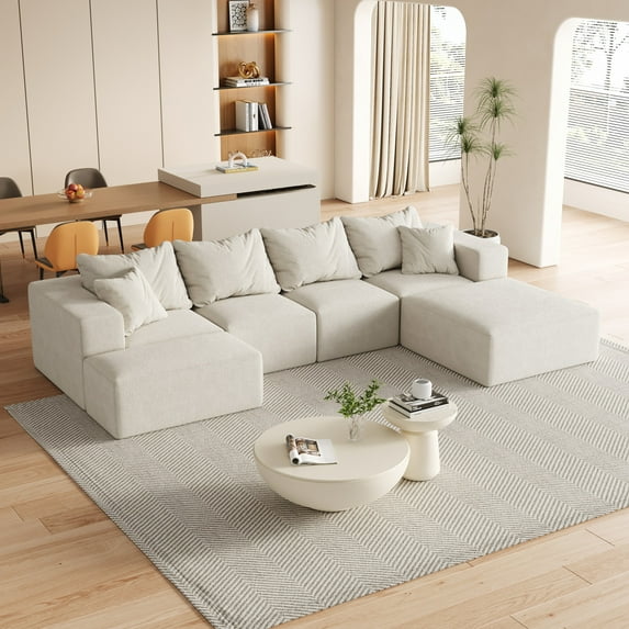 Modern Upholstered Sectional Boneless Couch Set,Modular 132" L Shaped Sectional Living Room Sofa Set with 6 Pillows,Free Combination Sofa Couch for Living Room,Bedroom (Beige)