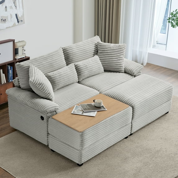Modern Upholstered Sectional Sofa Cloud Couch for Living Room, 74" Comfy Corduroy Modular Sectional Sofa with Lounge Chaise Ottoman Pillows, Gray