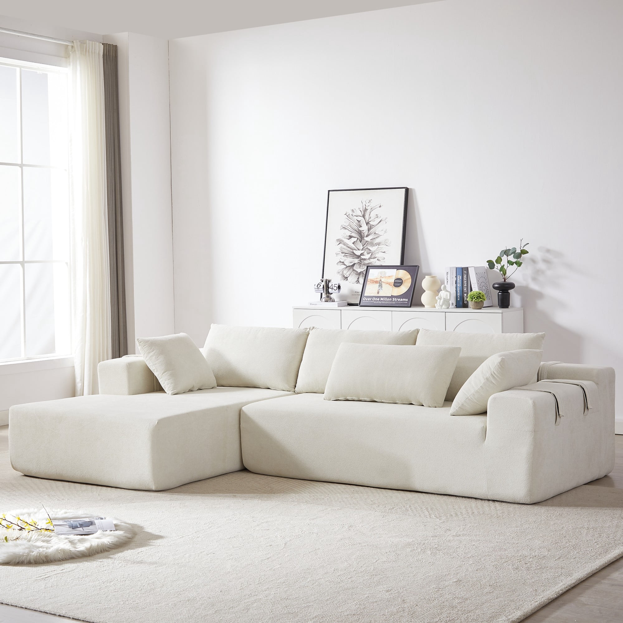 Modern Upholstered Sectional Sofa Couch,108" L Shaped Chenille Modular Free Combination Sofa Couch With 6 Pillows for Living Room,Bedroom,Left Chaise,Black