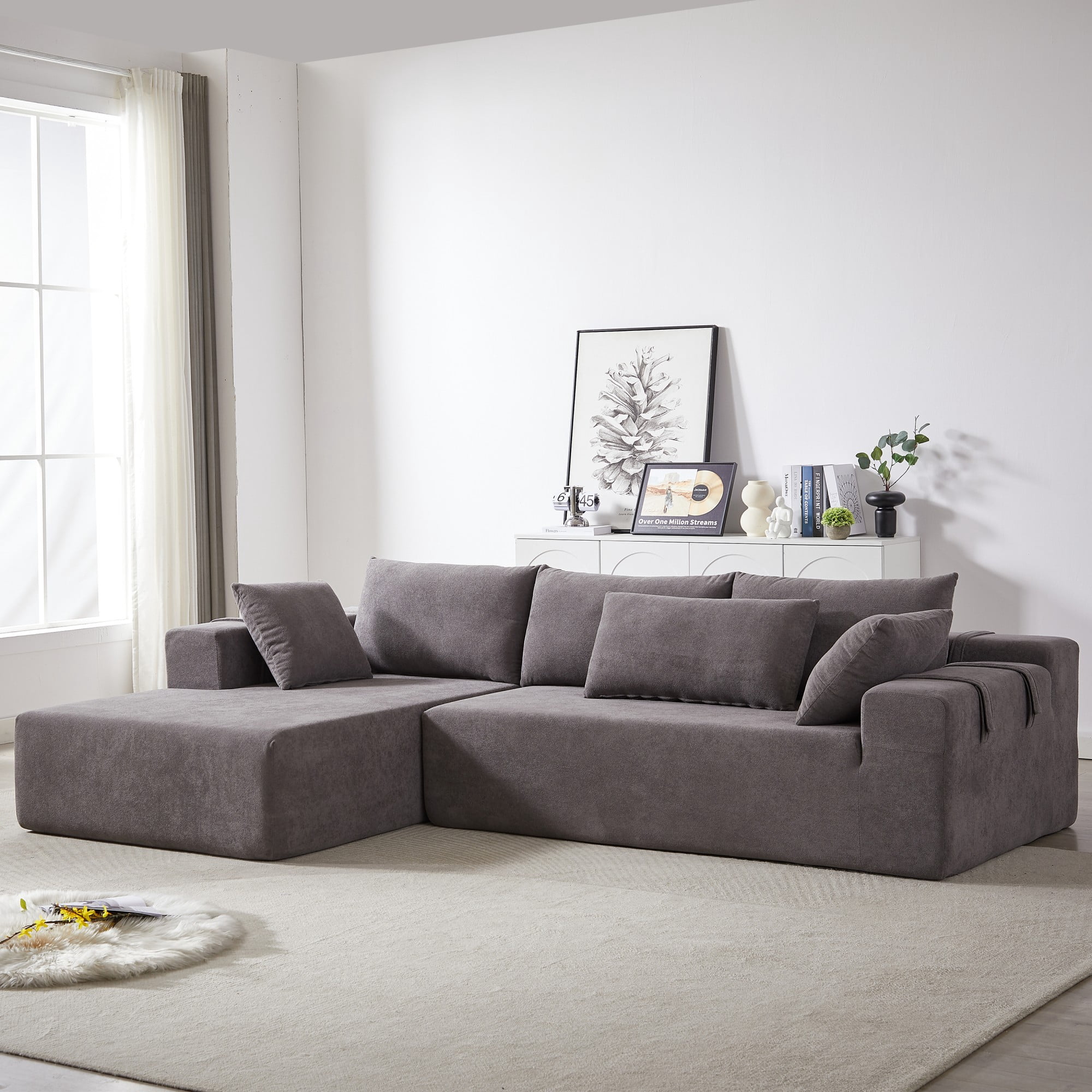Modern Upholstered Sectional Sofa Couch,108" L Shaped Chenille Modular Free Combination Sofa Couch With 6 Pillows for Living Room,Bedroom,Left Chaise,Grey