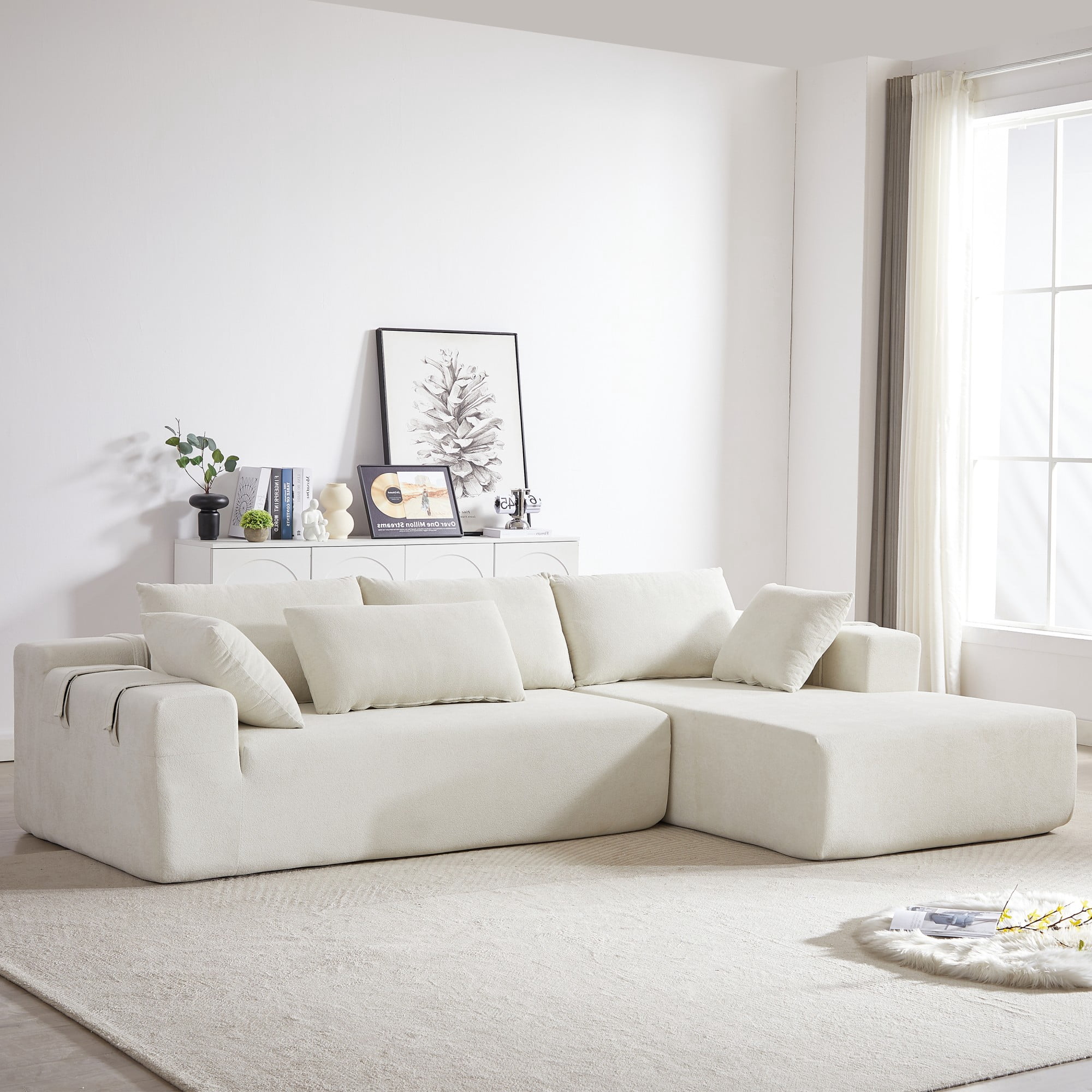 Modern Upholstered Sectional Sofa Couch,108" L Shaped Chenille Modular Free Combination Sofa Couch With 6 Pillows for Living Room,Bedroom,Right Chaise,Beige
