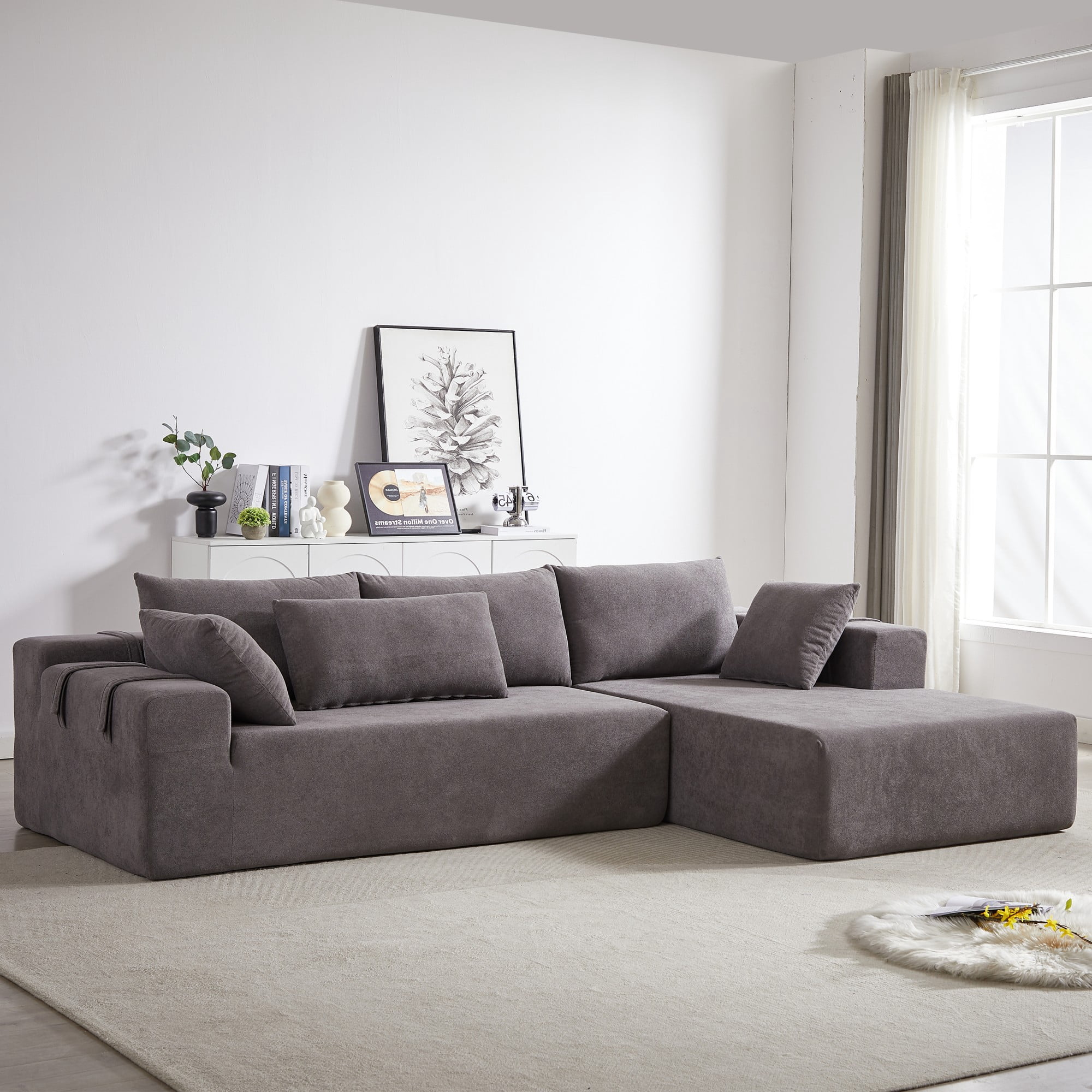 Modern Upholstered Sectional Sofa Couch,108" L Shaped Chenille Modular Free Combination Sofa Couch With 6 Pillows for Living Room,Bedroom,Right Chaise,Grey