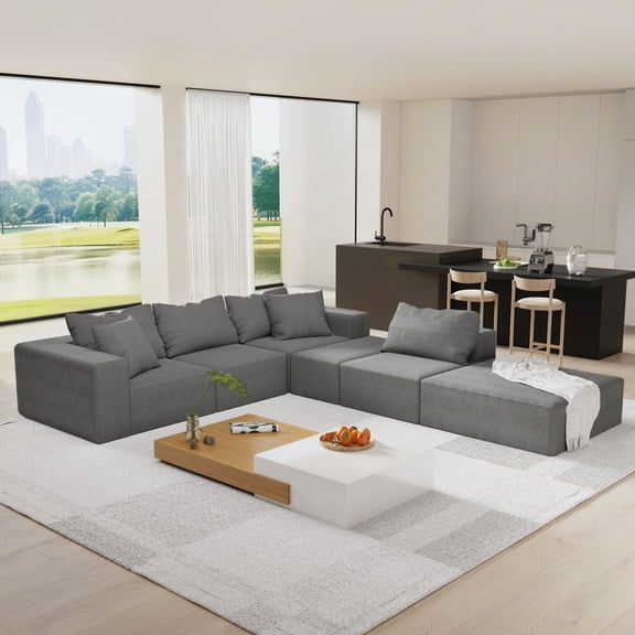 Modern Upholstered Sectional Sofa Couch Set,Modular 132" L Shaped Sectional Living Room Sofa Set with 6 Pillows,Free Combination Sofa Couch for Living Room,Bedroom (Grey)