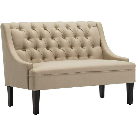 Modern Upholstered Settee with Back and Wood Legs, Button Tufted Banquette Loveseat Sofa for Dining Room Living Room Entryway