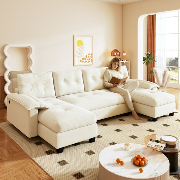 Modern 104.7" U-Shaped Sleeper Sofa, 3-in-1 Convertible Sectional with Pull Out Bed & USB Ports, Beige Chenille