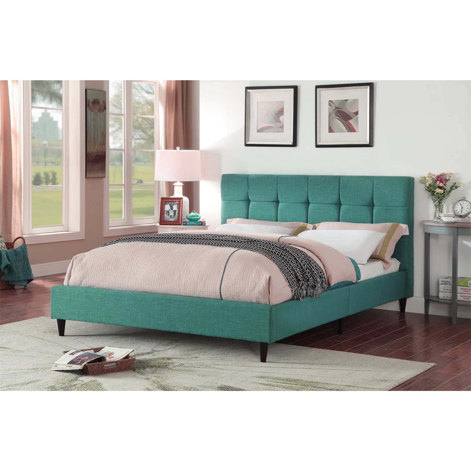 AC Pacific California King Modern Upholstered Square Stitched Platform Bed, Blue