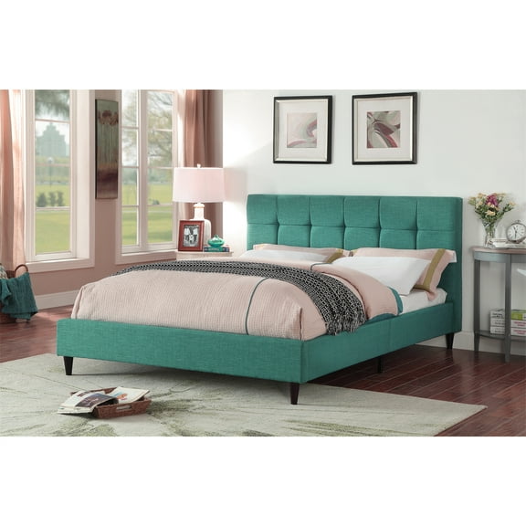 AC Pacific Queen Modern Upholstered Square Stitched Platform Bed, Blue