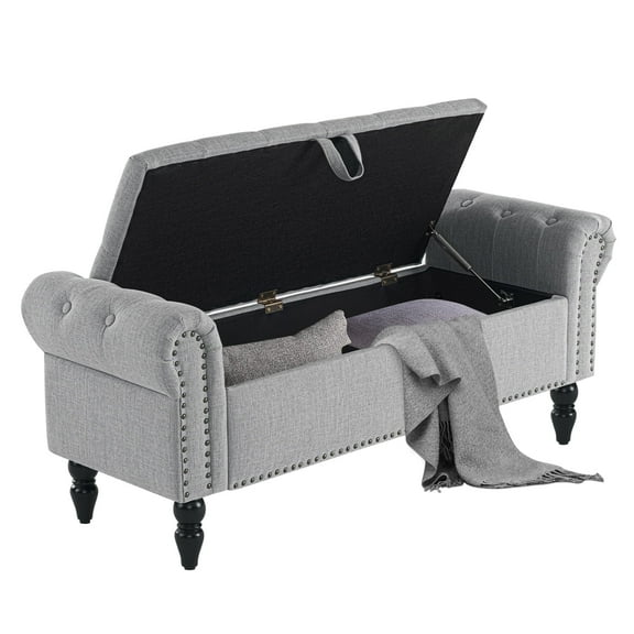 Falvinoryn Modern Upholstered Storage Bench Storage Ottoman Bench with Arm and Nailhead Trim Bedroom Bench, Gray