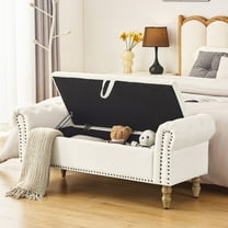 Modern Upholstered Storage Bench Storage Ottoman Bench with Arm and Nailhead Trim Bedroom Bench, Linen Beige