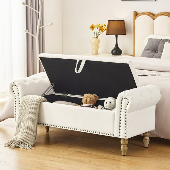 Modern Upholstered Storage Bench Storage Ottoman Bench with Arm and Nailhead Trim Bedroom Bench, Linen Beige