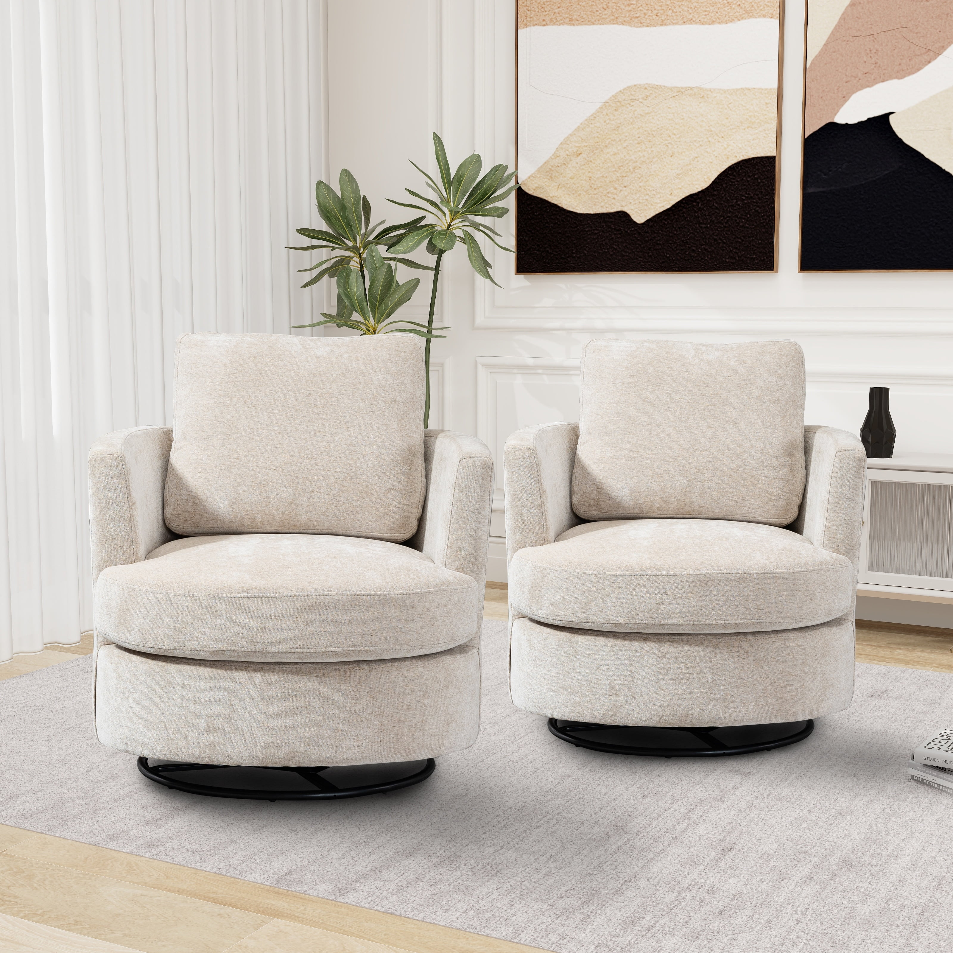 Beige Chenille Swivel Barrel Chairs with Wood Base, Set of 2