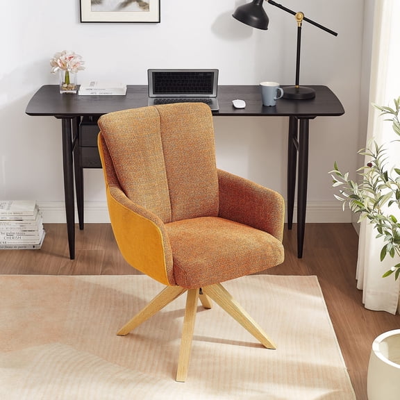 Art Leon Double-Layer High Back Swivel Upholstered Office Desk Chair, Linen-Textured Fabric, Oak Wood Base, Two-Tone Yellow & Orange
