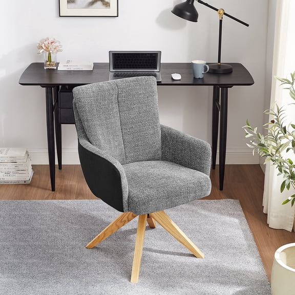 Art Leon Double-Layer High Back Swivel Upholstered Office Desk Chair, Linen-Textured Fabric, Oak Wood Base, Two-Tone Gray & Black