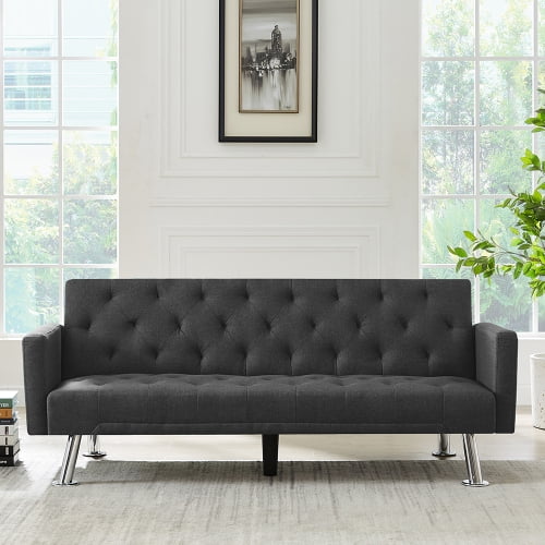 Tufted Split Back Futon Sofa Bed, Linen Couch Bed, Futon Convertible Sofa Bed with Metal Legs, Folding, Reclining Small Convertible Couch, Futon Couches for Living Room-Gray