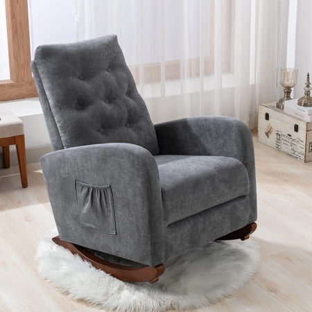 Modern Upholstered Velvet High Back Rocking Armchair , Nursery Rocking Armchair , Comfortable Accent Rocker Chair with Padded Seat for Living Room Bedroom Office, Gray