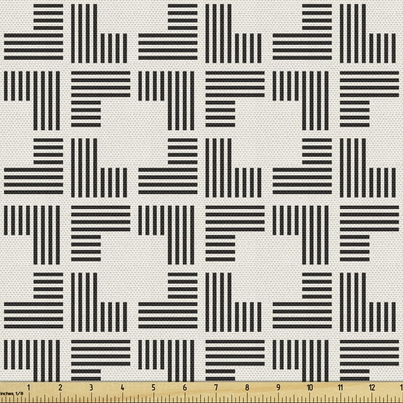 Ambesonne Modern Fabric by the Yard Upholstery, Lattice Structure Squares, 3 Yards, Eggshell and Charcoal Grey