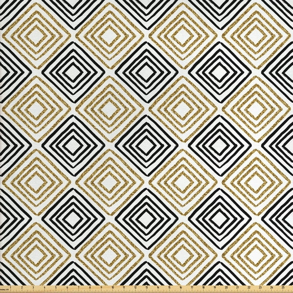 Ambesonne Modern Fabric by the Yard Upholstery, Square Shaped Lines, 3 Yards, Black White Yellow