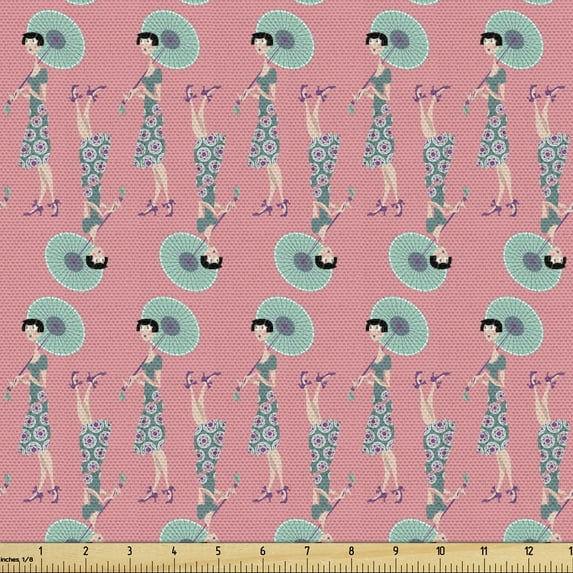 Ambesonne Modern Fabric by the Yard Upholstery, Girl Holds Umbrella Hipster, 5 Yards, Pale Pink and Turquoise