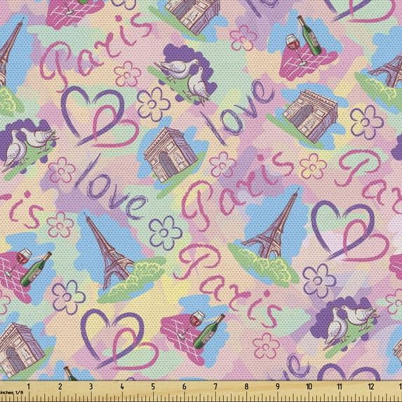 Ambesonne Blue Pink Fabric by the Yard Upholstery, Vintage Landmarks, 5 Yards, Pale Pink and Pale Blue