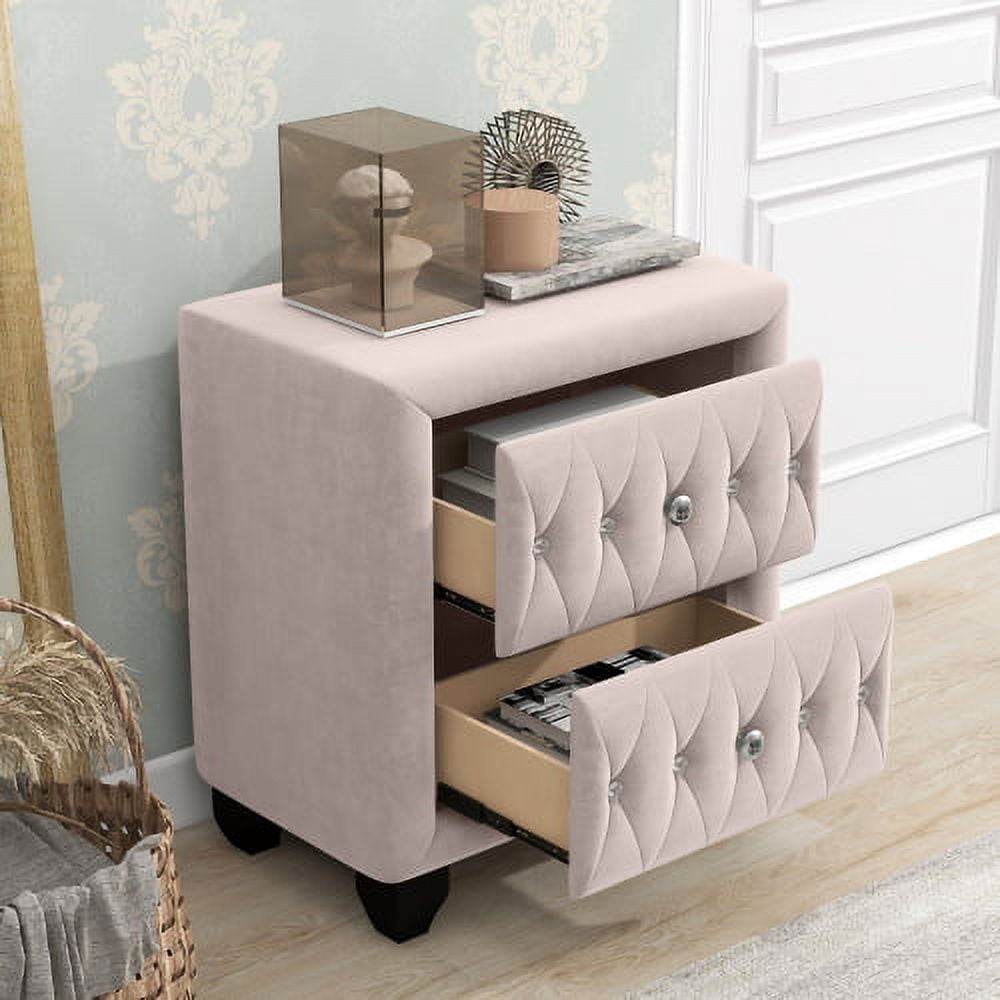 Modern Upholstery Nightstand,Chest of Drawer Bedside Table with 2 Drawers & Diamond Handle,Solid