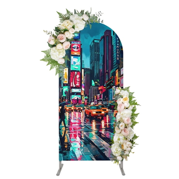 Modern Urban Arch Backdrop Cover 4FT, Abstract Oil Painting Skyscrapers Teal Spandex Fitted Stretchy Arch Stand Covers, Round Top Chiara Backdrop Cover for Wedding Party Birthday Baby Shower