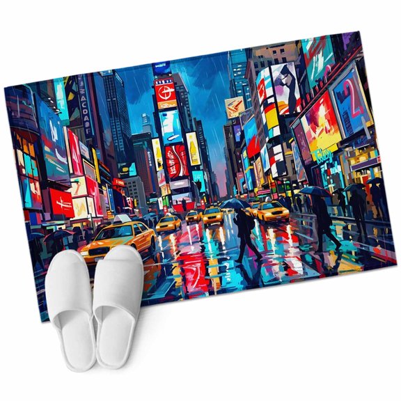 Modern Urban Bathroom Rug Washable 2x3 Entryway Rug Non Slip Abstract Oil Painting Skyscrapers Blue Front Door Mat Low Pile Indoor Doormat Throw Floor Carpet for Kitchen Bedroom Entrance