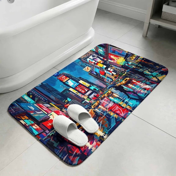Modern Urban Bathroom Rugs Non Slip Washable Bath Mat Absorbent Low Pile Front Door Mat Abstract Oil Painting Skyscrapers Blue Indoor Doormat for Kitchen Entryway Shower Decor Accessories 15.7"x23.6"