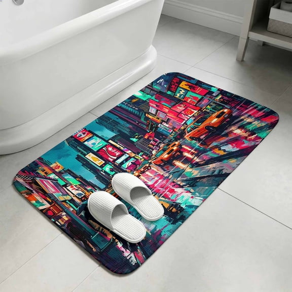 Modern Urban Bathroom Rugs Non Slip Washable Bath Mat Absorbent Low Pile Front Door Mat Abstract Oil Painting Skyscrapers Teal Indoor Doormat for Kitchen Entryway Shower Decor Accessories 15.7"x23.6"