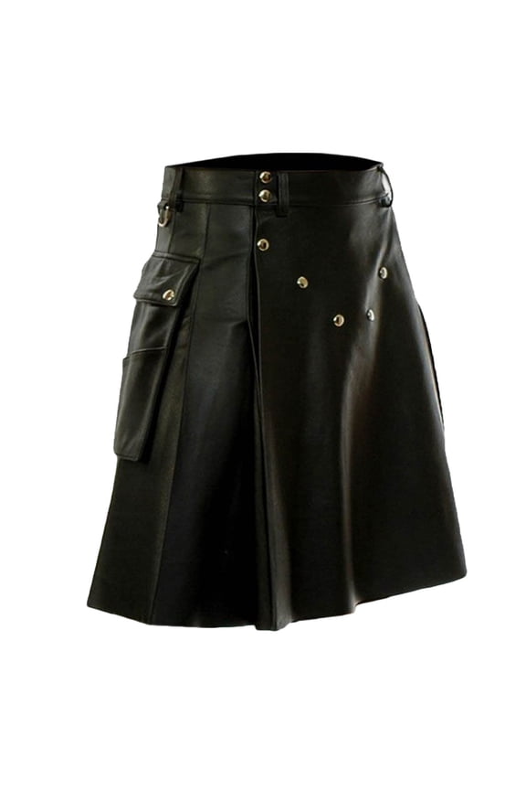 Modern Utility Kilt for Men Cargo Style Skirt Faux Leather Gothic Outfits Waistband Bottoms Studded Front Pocket Steampunk Streetwear