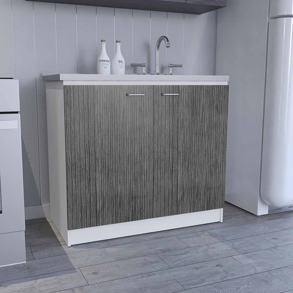 Modern Utility Sink with Cabinet, One Shelf, Double Door Cabinet -White ...
