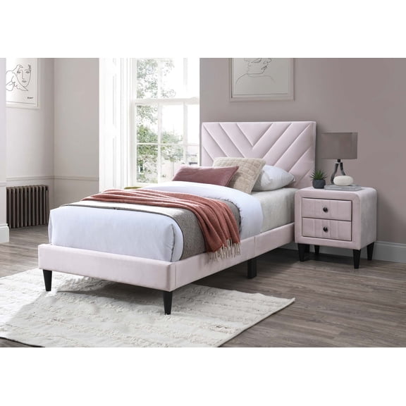 Modern V-Stitching Tufted Design Twin Bed Velvet Upholstered in Light Pink