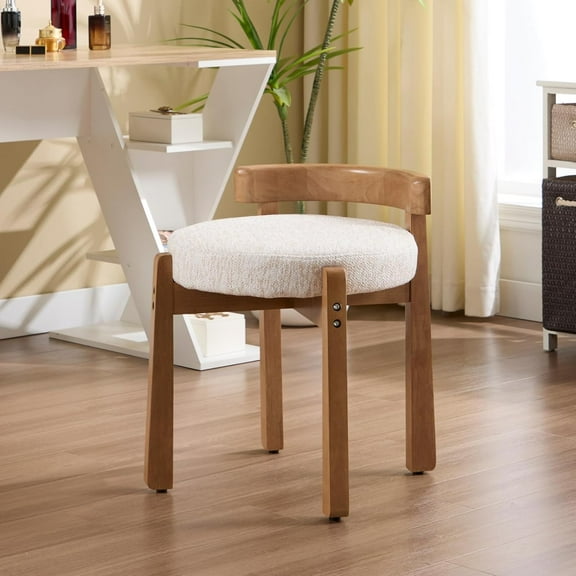 Modern Vanity Chair Upholstered Small Ottoman Footstool, Make Up Stool Chenille Fabric with Backrest Wooden Frame for Living Room Bedrooms, 1PC, Beige