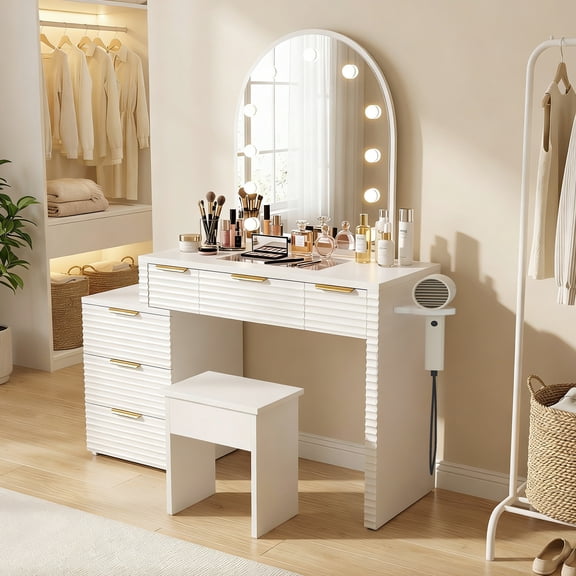 Modern Vanity Desk with Chair, Makeup Vanity Table with Mirror Light Fashionable 3 Lighting Modes Adjustable Makeup Table with Glass Top Power Outlet and 6 Drawers for Home Bedroom Salon