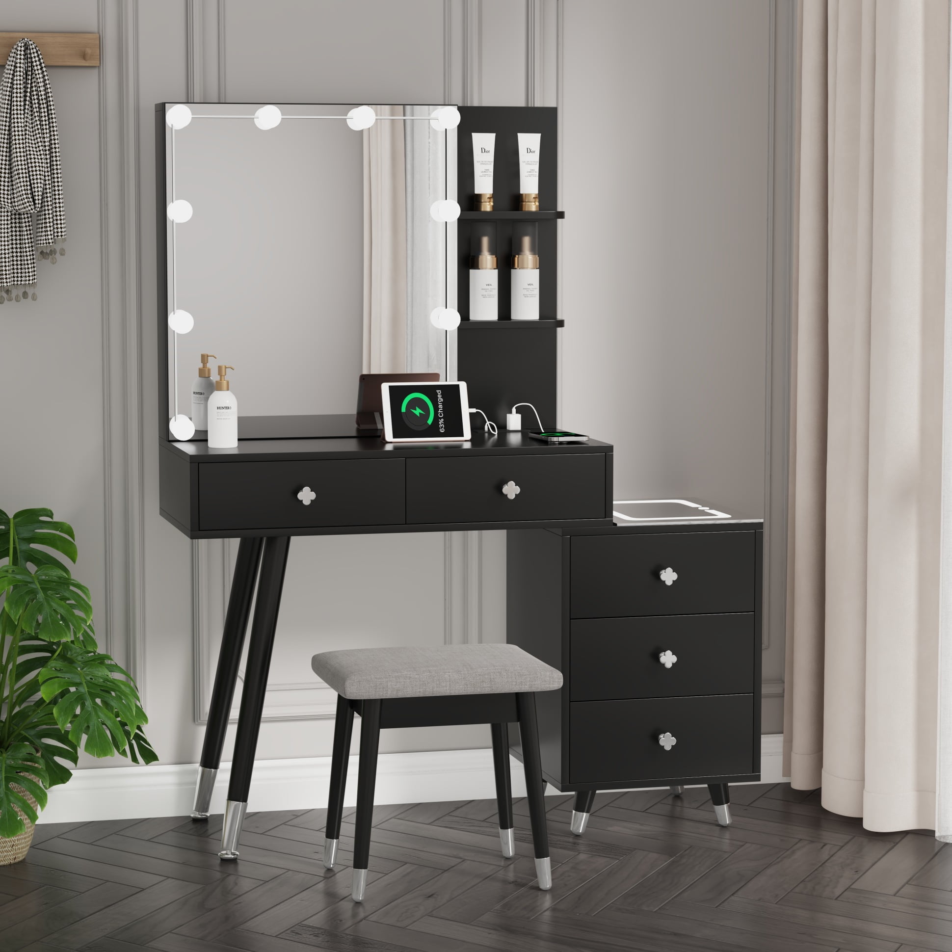 Modern Vanity Desk with Lighted Mirror and Charging Station,Vanity 