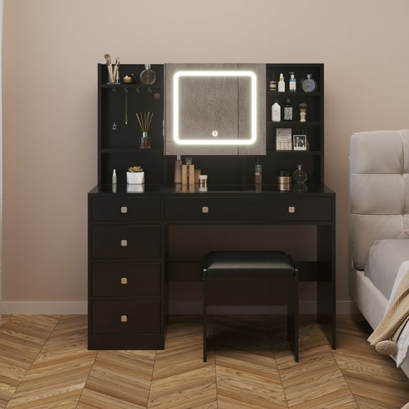 Modern Vanity Desk with Lighted Mirror and Charging Station,Vanity Table Set with 5 Drawers and Shelves,Mirror Cabinet With Strips,Makeup Dressing Table Set with for Bedroom, Apartment