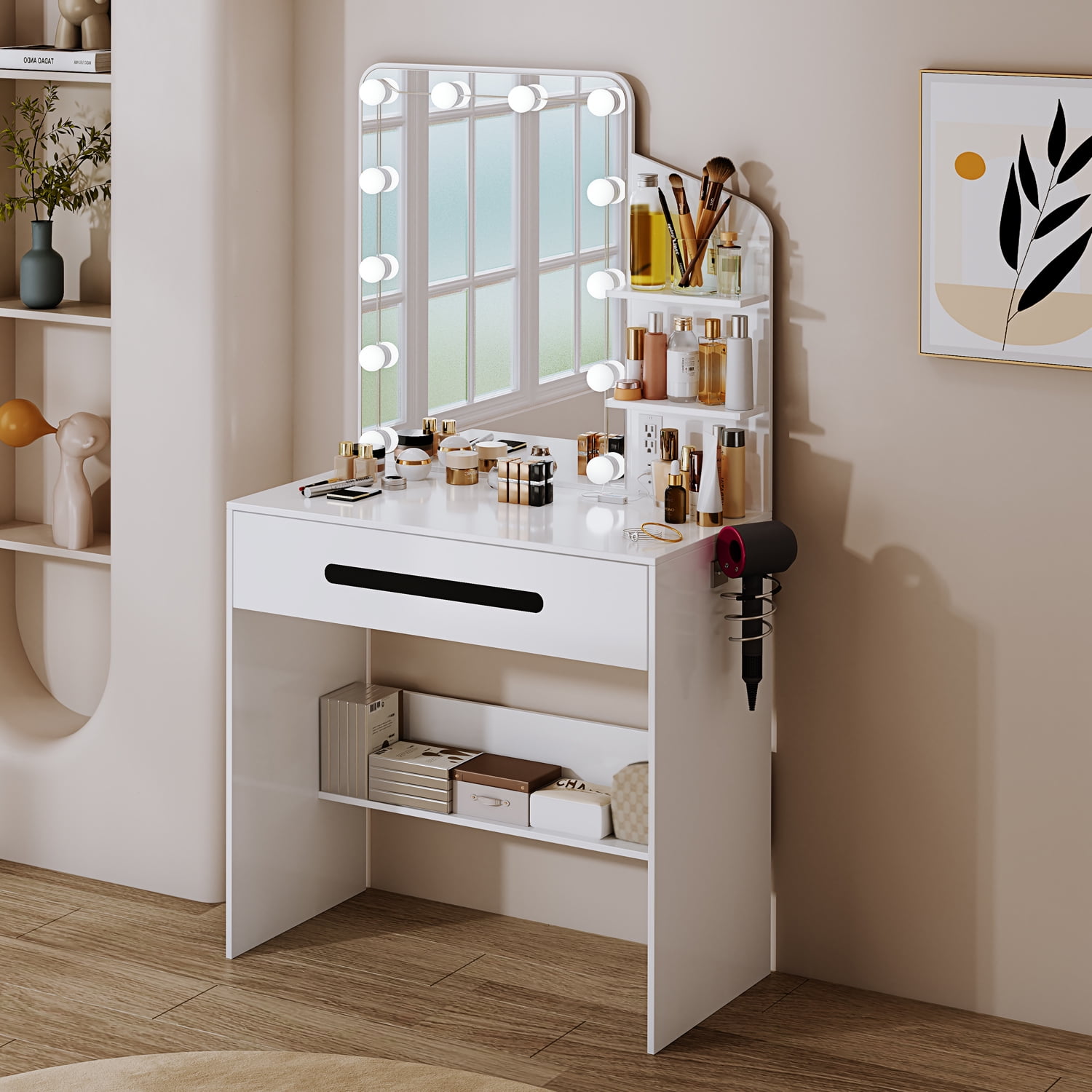 Modern Vanity Desk with Lighted Mirror, Desk Makeup Dressing Table with ...