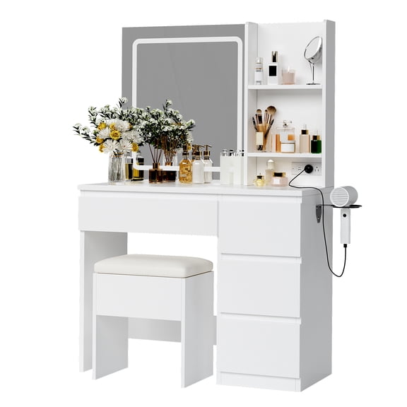 JustSmart Modern Vanity Desk with Mirror & Adjustable LED Lights, 4 Drawers, Power Outlet, Storage Stool, Shelves, Hair Dryer Holder, Makeup Table Set for Bedroom, White