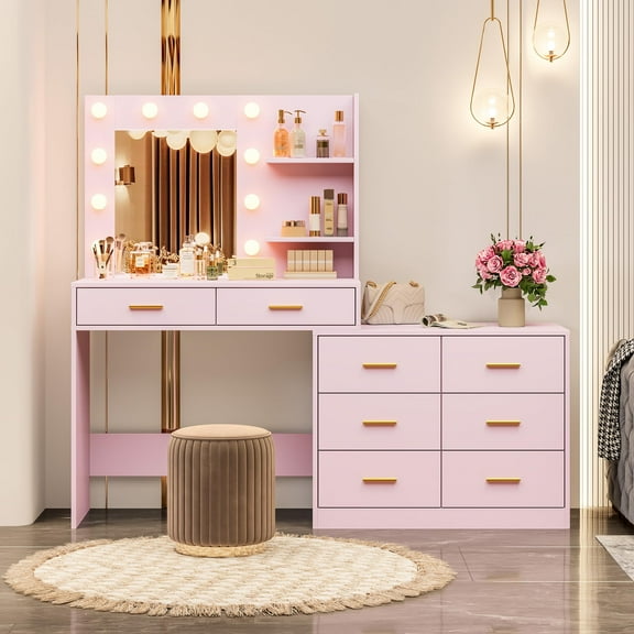 Modern Vanity Desk with Mirror and Adjustable LED Lights – 8 Wide Storage Drawers & 2-Tier Shelves – 3 Lighting Modes with Adjustable Brightness – Vanity Table for Bedroom-PINK&BLACK
