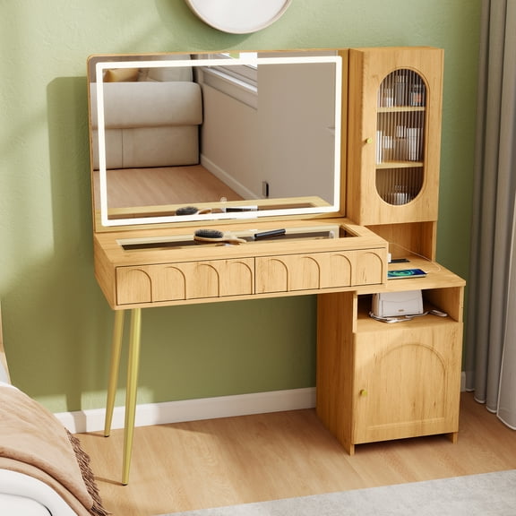 Modern Vanity Desk with Mirror and Lights, 48" Fluted Arch Design, Glass Top & Storage Cabinet, 3 Lighting Modes, Adjustable Brightness, Oak Finish for Bedroom