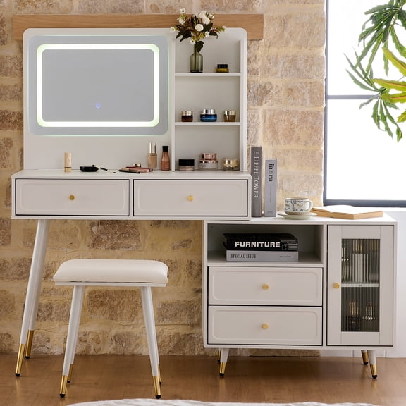Modern Vanity Desk with Mirror and Lights, Retractable Dressing Table with Drawers and Cabinet, 2 Standard Plug Sockets, 1 USB Port & 1 T-C Port, Compact Makeup Desk with A Side Cabinet for Bedroom