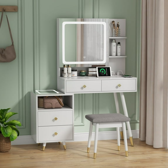 Modern Vanity Desk Set with LDE Lighted Mirror Cabinet and Stool, Makeup Vanity Table with Power Outlet, 4 Drawers and 3-tier Hidden Shelves, Dressing Table for Girls Women, White