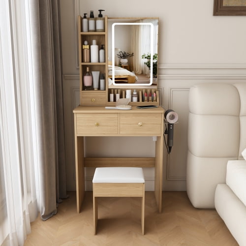 Modern Vanity Desk Set with LED Lighted Mirror, 3 Color Lighting Modes Adjustable Brightness, Built-in Power Outlet & Hair Dryer Holder, Drawers & Open Storage Shelves, Dressing Chair, Walnut