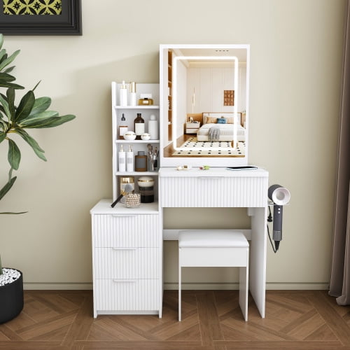 Modern Vanity Desk Set with LED Lighted Mirror, 3 Lighting Modes, Adjustable Brightness, 4 Drawers, Open Storage Shelves, Power Outlet & Hair Dryer Holder, Dressing Chair, White