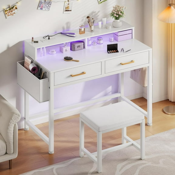 Modern Vanity Desk with Stool, Small Makeup Table with Drawers and RGB Lights, Power Outlet, Interchangeable Side Hook & Side Pocket, No Mirror Design (31.5 x 15.7 x 34.3 Inches, PearlWhite)